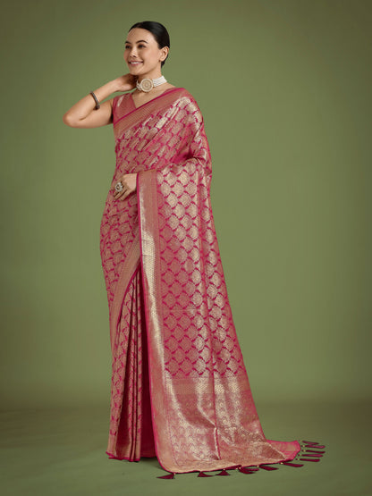 Monjolika Fashion Flattering Dark Pink Banarasi Satin Silk Zari Weaving Work Designer Saree