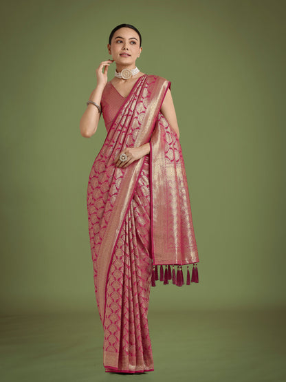 Monjolika Fashion Flattering Dark Pink Banarasi Satin Silk Zari Weaving Work Designer Saree