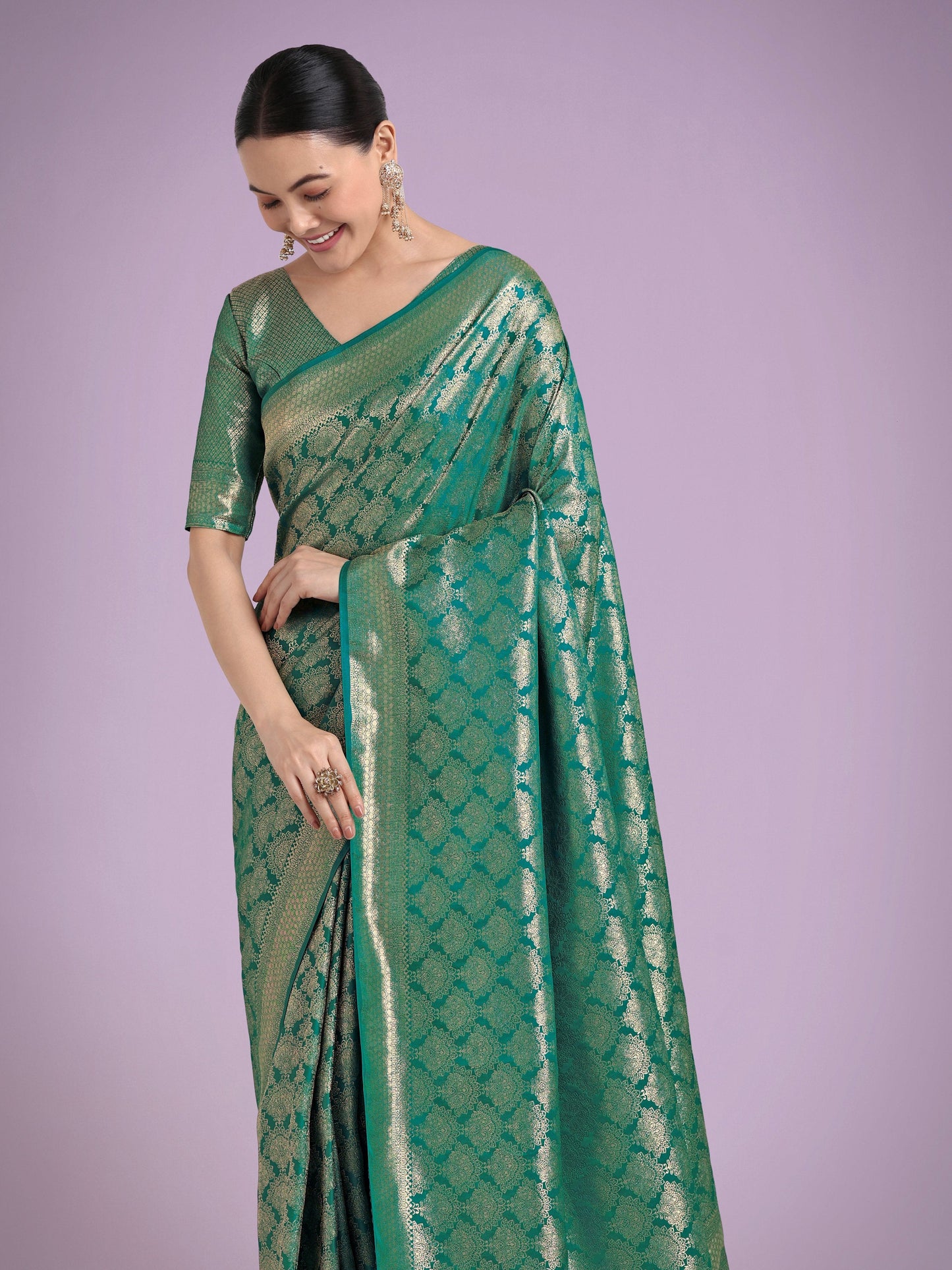Monjolika Fashion Flattering Turquoise Banarasi Satin Silk Zari Weaving Work Designer Saree
