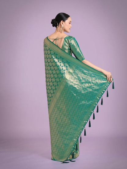 Monjolika Fashion Flattering Turquoise Banarasi Satin Silk Zari Weaving Work Designer Saree