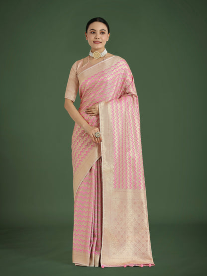 Monjolika Fashion Wonderful Light Pink Soft Banarasi Satin Silk Leheriya Design Saree