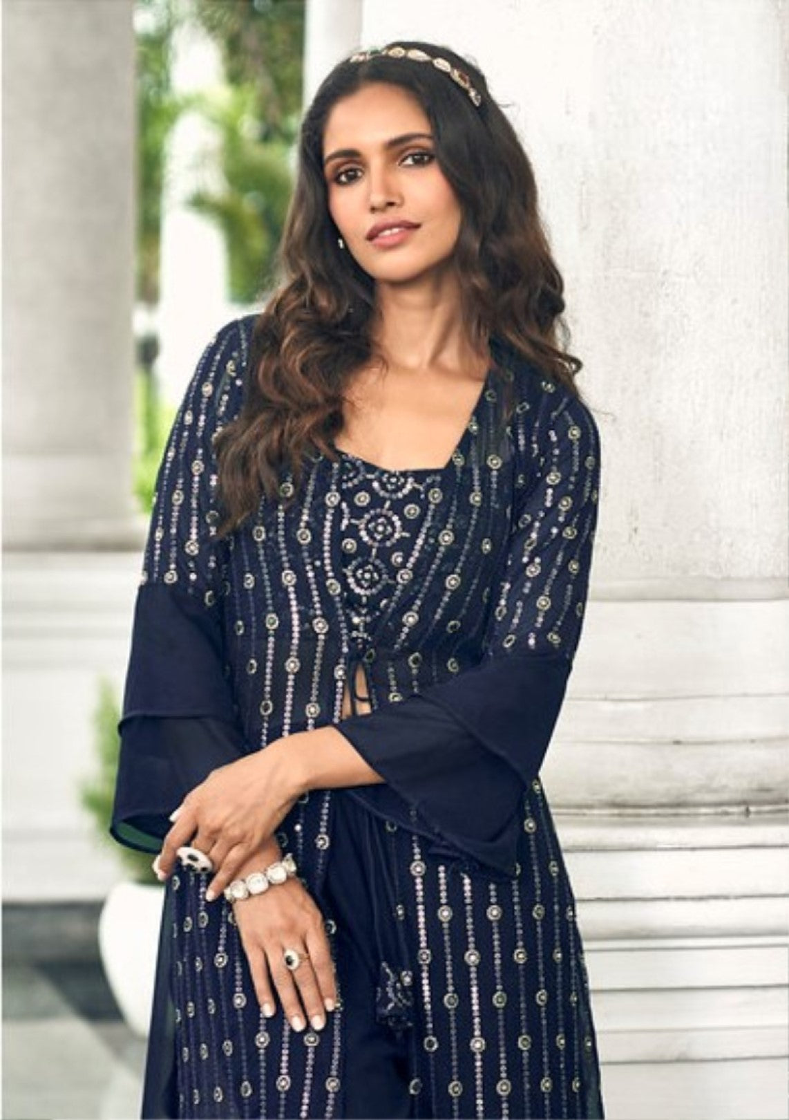 Anaita Navy Georgette Stitched Shrug Suit With Sequence Thread Work