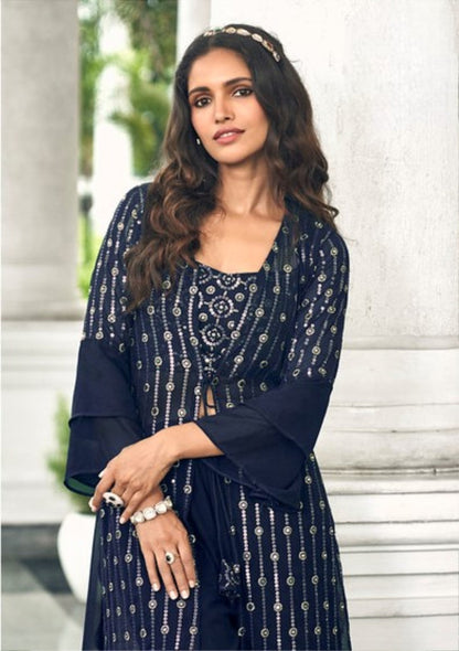 Anaita Navy Georgette Stitched Shrug Suit With Sequence Thread Work