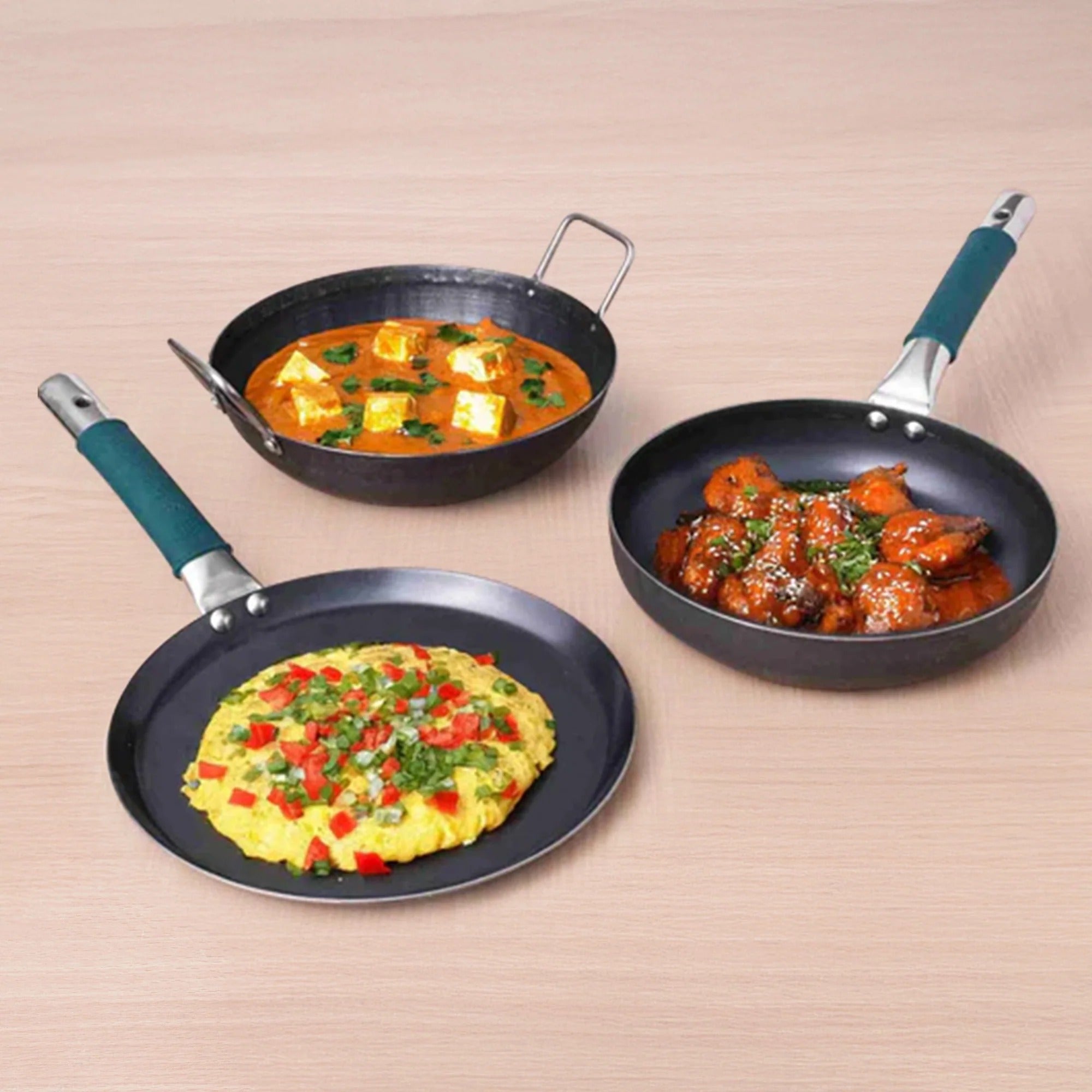 The Indus Valley Iron Cooking Set of 3 Kadai (25.4cm)+ Tawa(26.3cm)+Fry Pan (25.4cm)