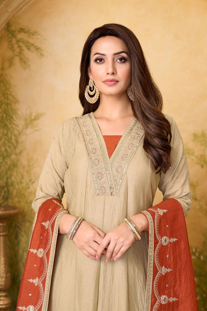 Anaita Cream Rust Anarkali Readymade Suit with Embroidery Work