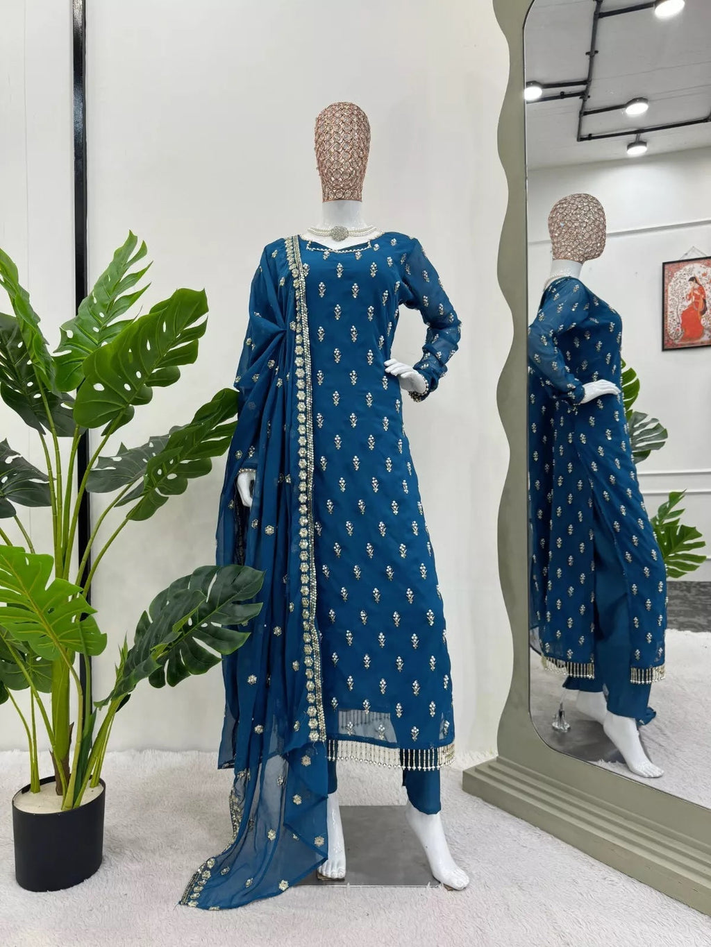 Traditional Fancy Wear Faux Georgette Top Pant With Dupatta