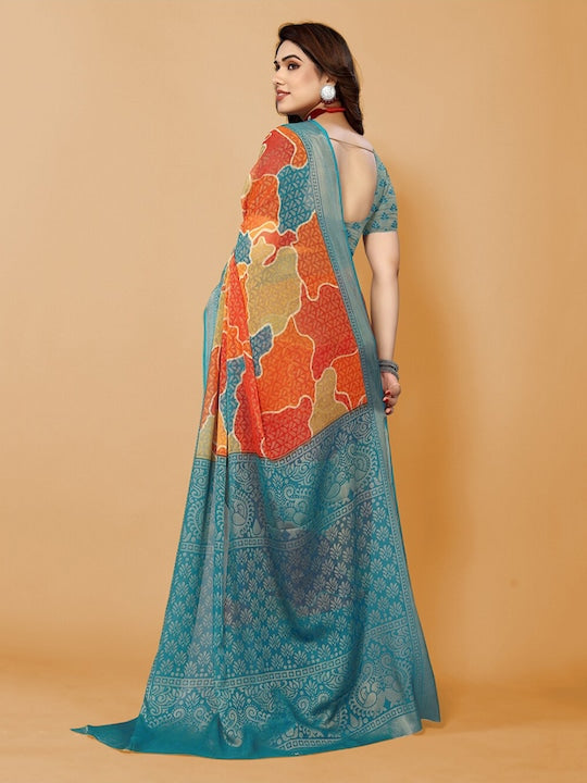 Fabmora Abstract Printed Zari Poly Chiffon Saree