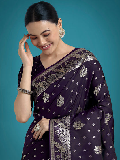Monjolika Fashion Traditional Purple Woven Banarasi Satin Silk Saree