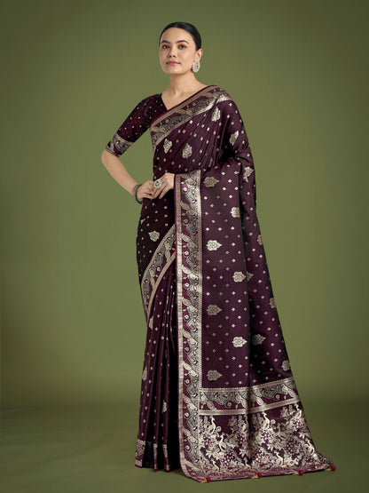 Monjolika Fashion Traditional Wine Woven Banarasi Satin Silk Saree