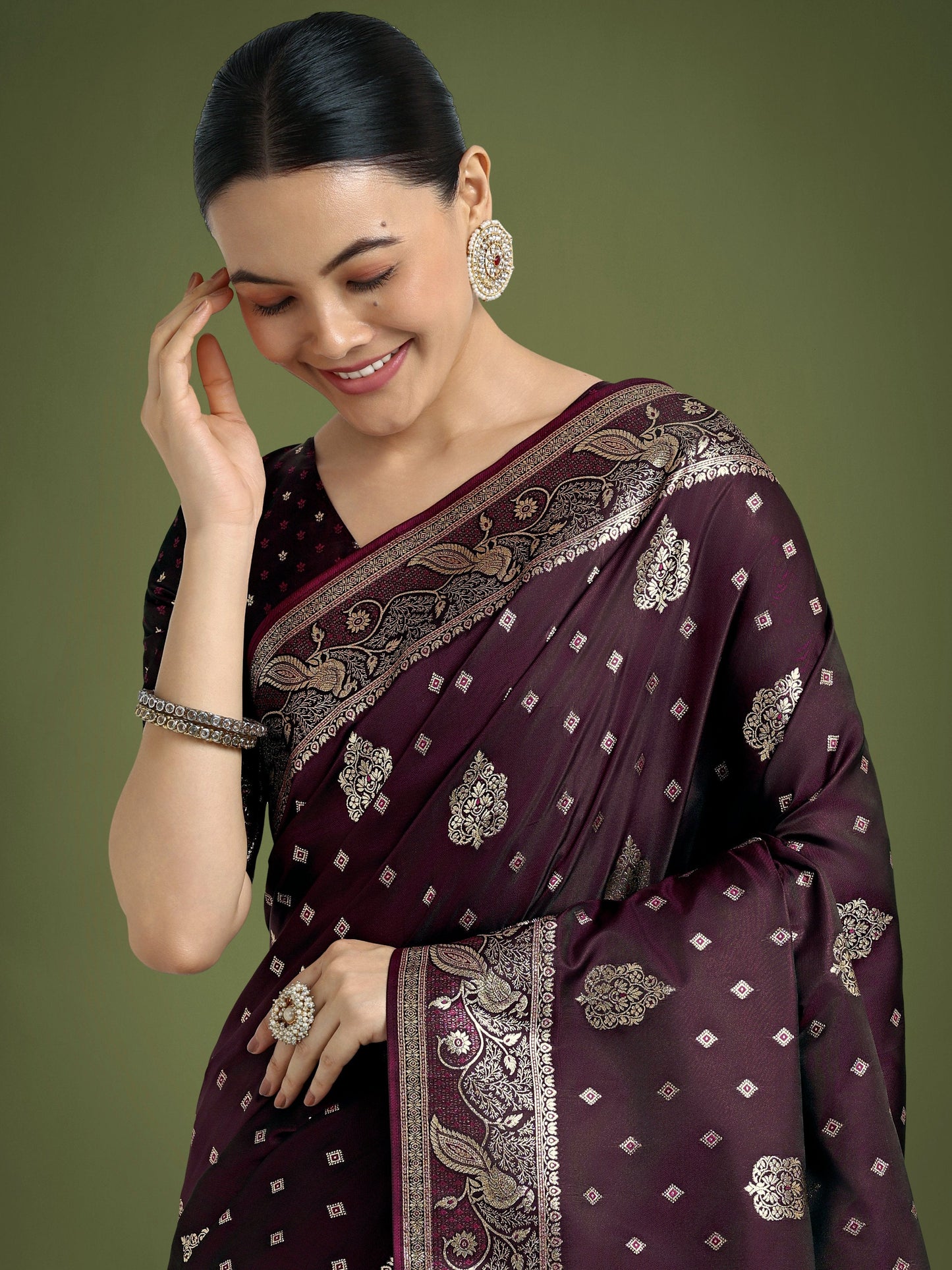 Monjolika Fashion Traditional Wine Woven Banarasi Satin Silk Saree
