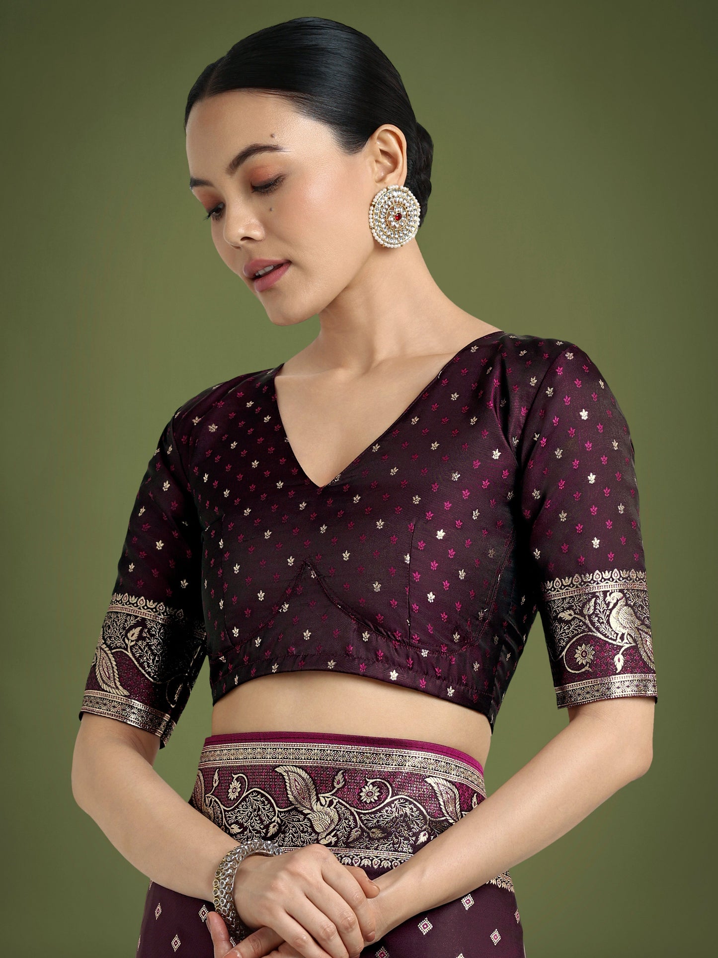 Monjolika Fashion Traditional Wine Woven Banarasi Satin Silk Saree