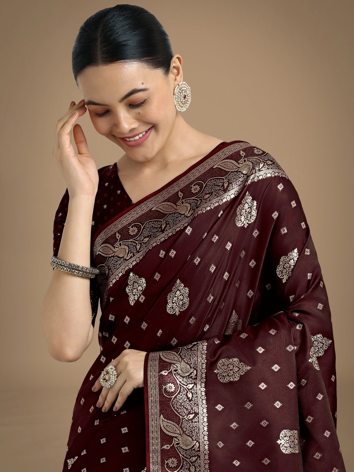 Monjolika Fashion Traditional Maroon Woven Banarasi Satin Silk Saree