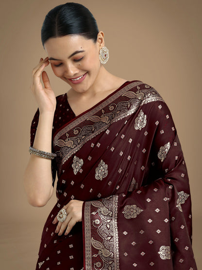 Monjolika Fashion Traditional Maroon Woven Banarasi Satin Silk Saree