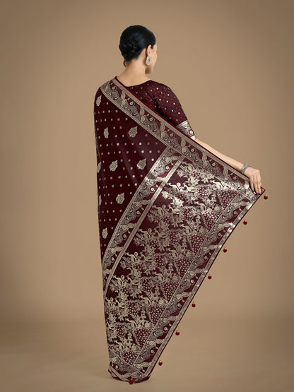 Monjolika Fashion Traditional Maroon Woven Banarasi Satin Silk Saree
