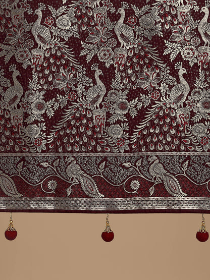 Monjolika Fashion Traditional Maroon Woven Banarasi Satin Silk Saree