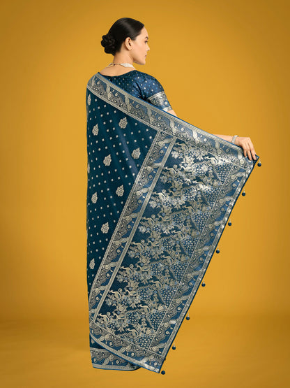 Monjolika Fashion Traditional Aqua blue Woven Banarasi Satin Silk Saree