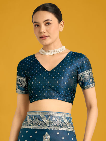 Monjolika Fashion Traditional Aqua blue Woven Banarasi Satin Silk Saree