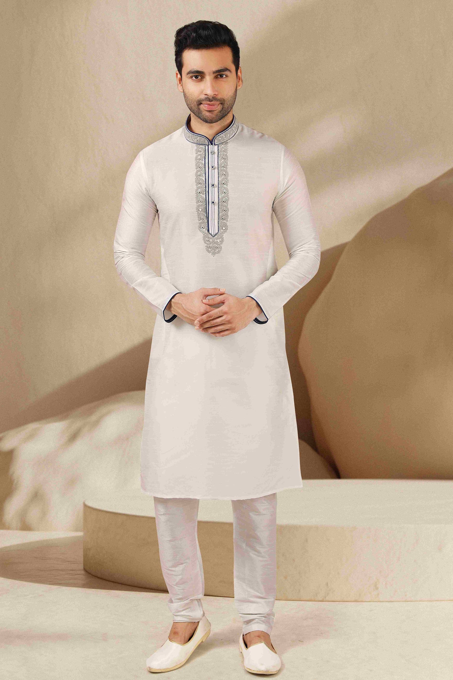 Raivat Ethnic Banarasi Art Silk Mirror Work Kurta Pajama In Off White Colour