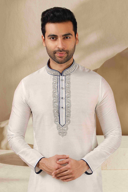 Raivat Ethnic Banarasi Art Silk Mirror Work Kurta Pajama In Off White Colour