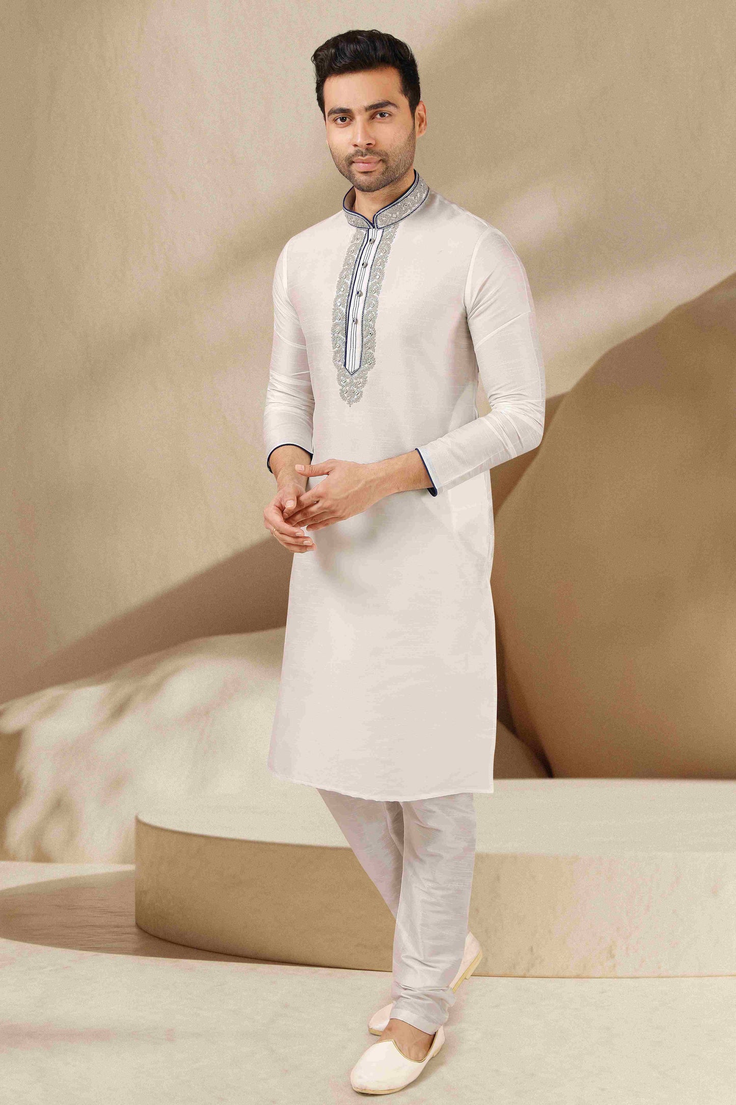 Raivat Ethnic Banarasi Art Silk Mirror Work Kurta Pajama In Off White Colour