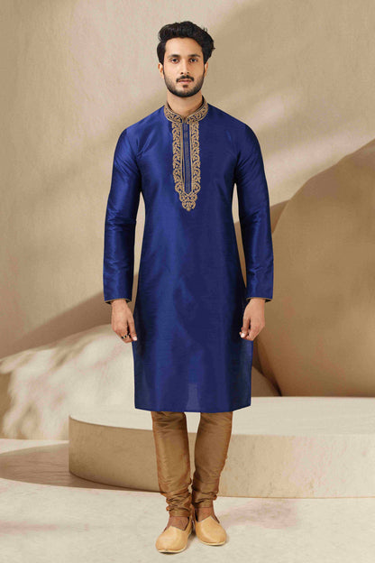 Raivat Ethnic Banarasi Art Silk Mirror Work Kurta Pajama In Blue Colour