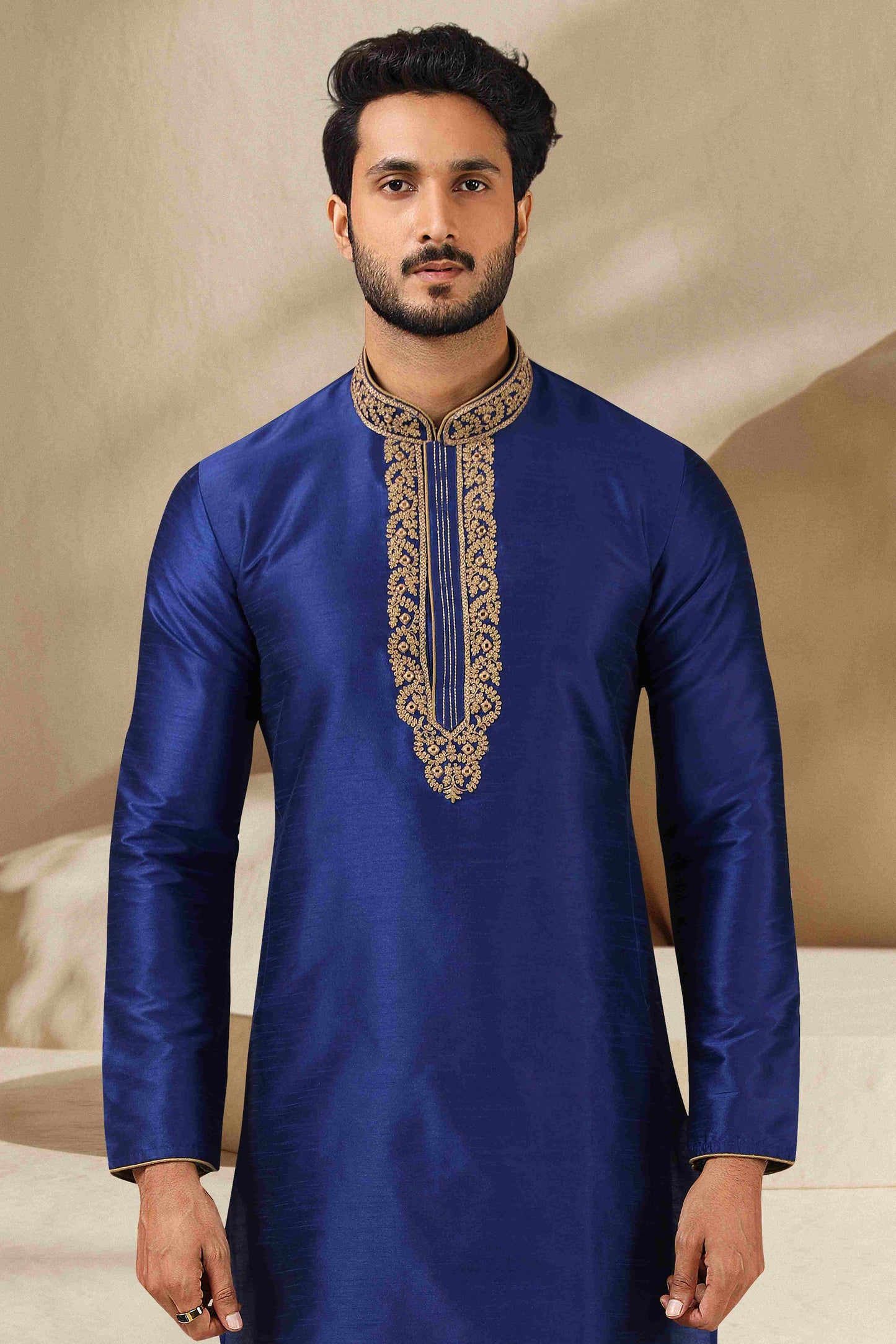 Raivat Ethnic Banarasi Art Silk Mirror Work Kurta Pajama In Blue Colour