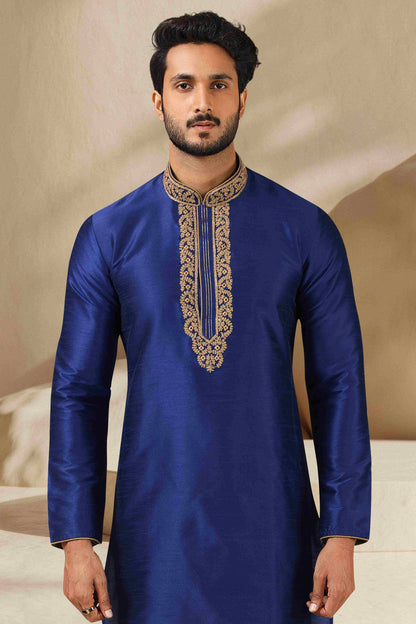 Raivat Ethnic Banarasi Art Silk Mirror Work Kurta Pajama In Blue Colour