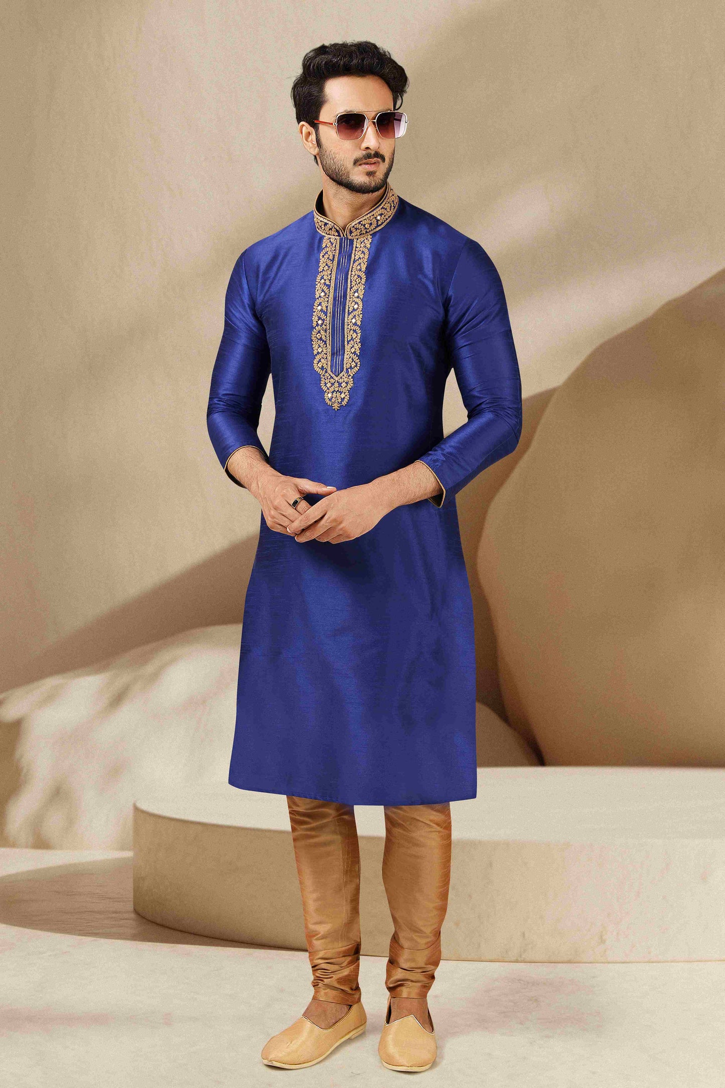 Raivat Ethnic Banarasi Art Silk Mirror Work Kurta Pajama In Blue Colour