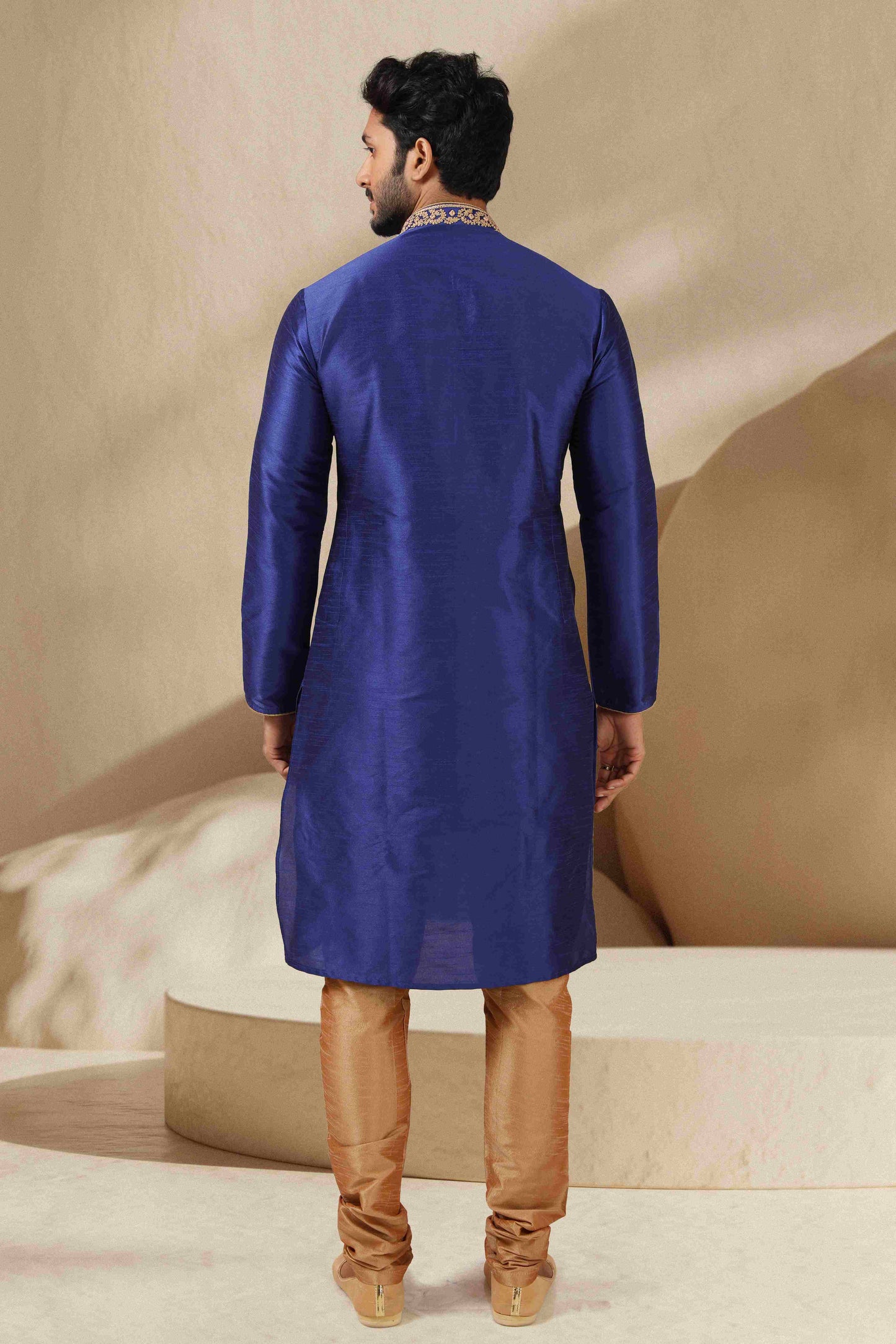 Raivat Ethnic Banarasi Art Silk Mirror Work Kurta Pajama In Blue Colour