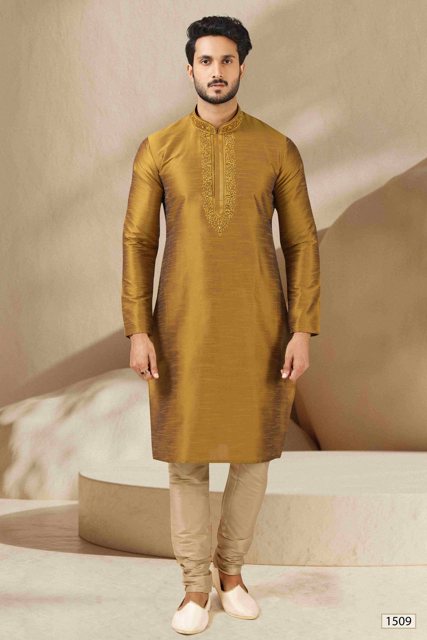 Raivat Ethnic Banarasi Art Silk Mirror Work Kurta Pajama In Gold Colour