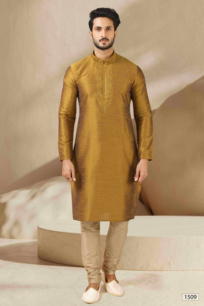 Raivat Ethnic Banarasi Art Silk Mirror Work Kurta Pajama In Gold Colour