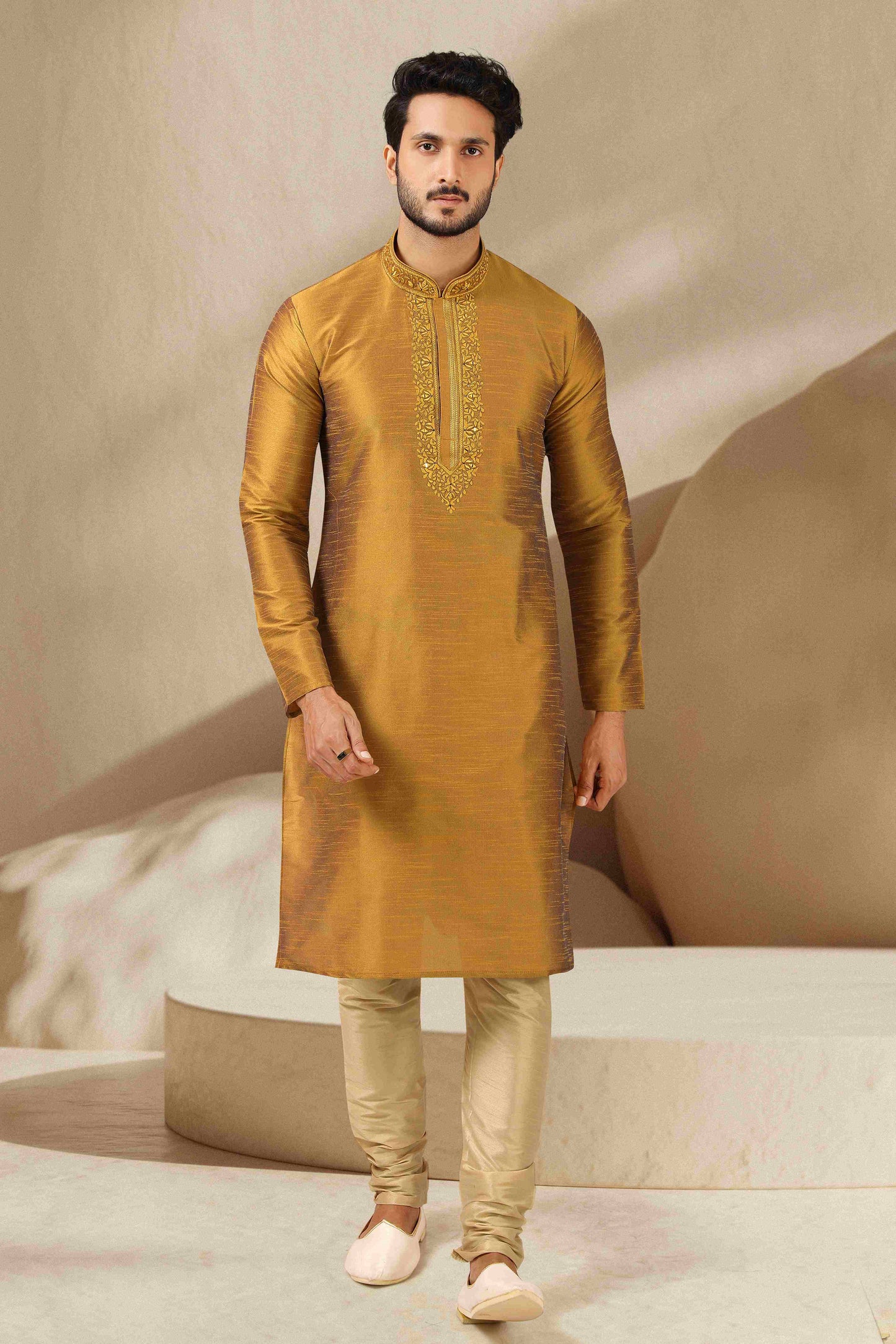 Raivat Ethnic Banarasi Art Silk Mirror Work Kurta Pajama In Gold Colour