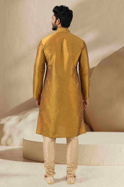Raivat Ethnic Banarasi Art Silk Mirror Work Kurta Pajama In Gold Colour