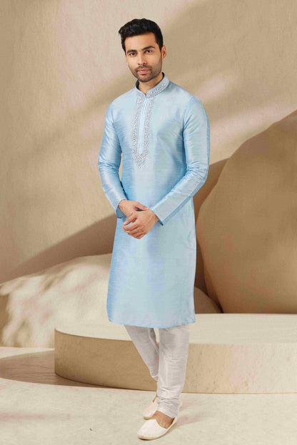 Raivat Ethnic Banarasi Art Silk Mirror Work Kurta Pajama In Sky Blue Colour