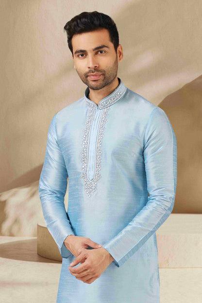 Raivat Ethnic Banarasi Art Silk Mirror Work Kurta Pajama In Sky Blue Colour