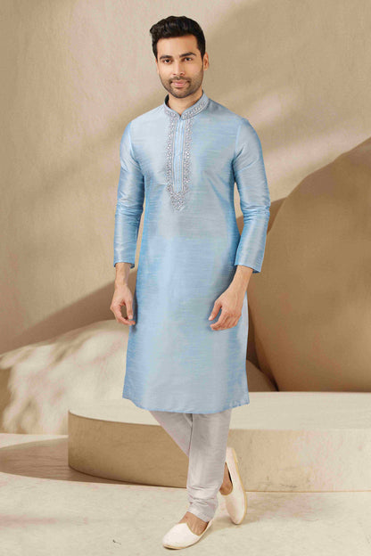 Raivat Ethnic Banarasi Art Silk Mirror Work Kurta Pajama In Sky Blue Colour