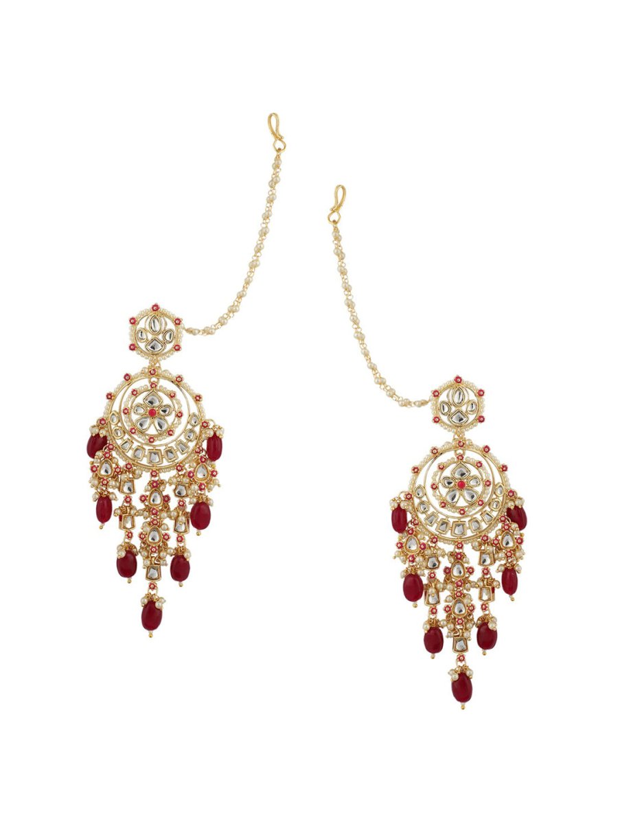 Anikas Creation Red & Gold-Polished Kundan Contemporary Chandbalis With Ear Chain Earrings