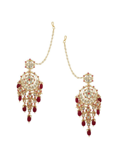 Anikas Creation Red & Gold-Polished Kundan Contemporary Chandbalis With Ear Chain Earrings