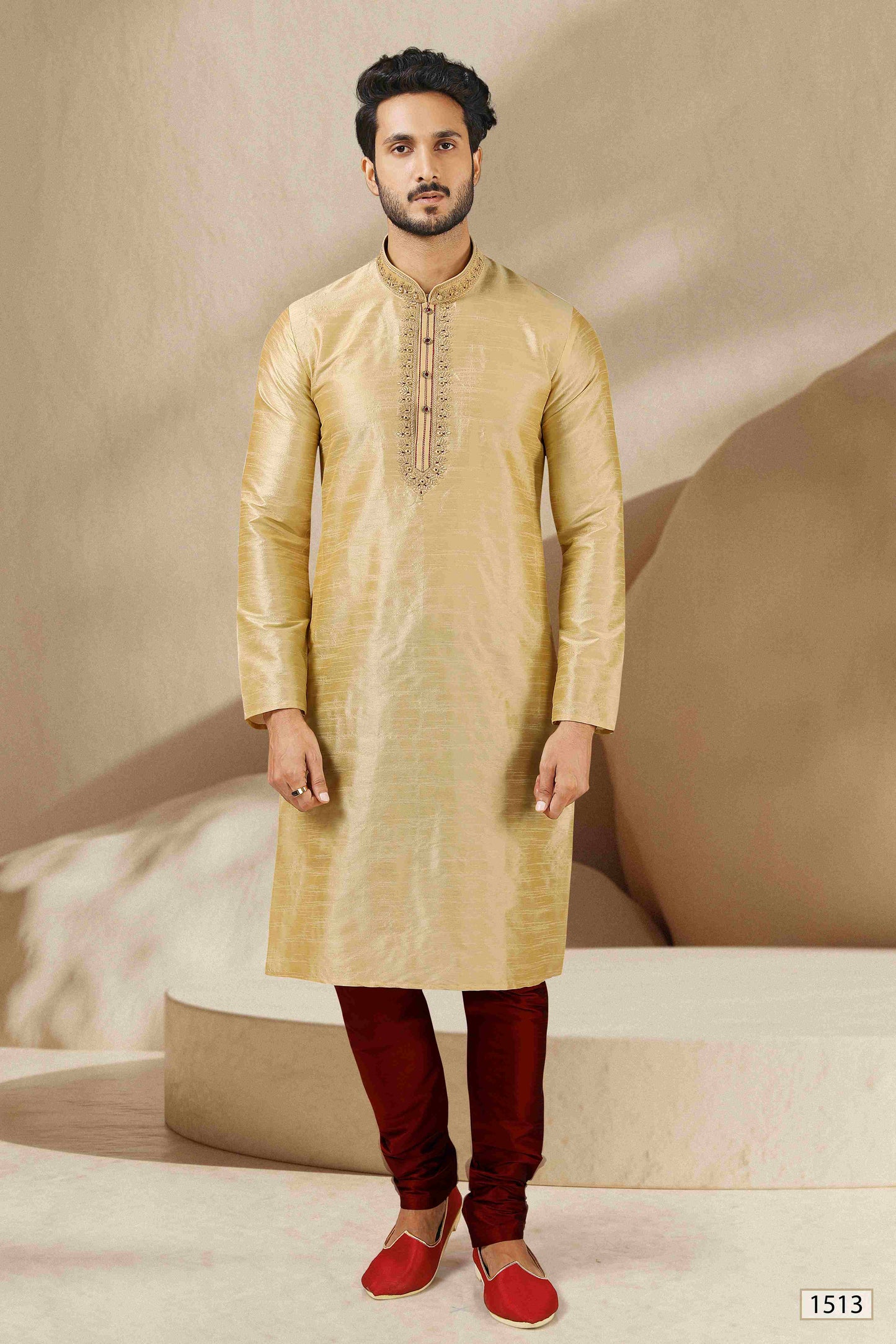 Raivat Ethnic Banarasi Art Silk Mirror Work Kurta Pajama In Beige Gold Colour