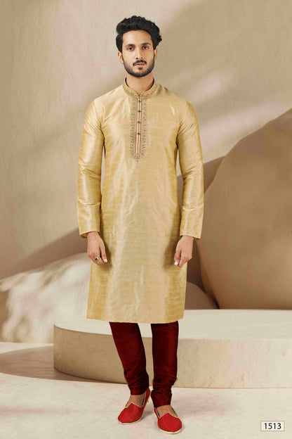 Raivat Ethnic Banarasi Art Silk Mirror Work Kurta Pajama In Beige Gold Colour