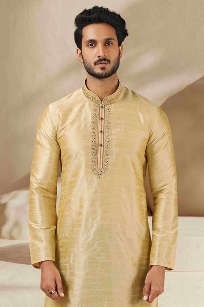 Raivat Ethnic Banarasi Art Silk Mirror Work Kurta Pajama In Beige Gold Colour