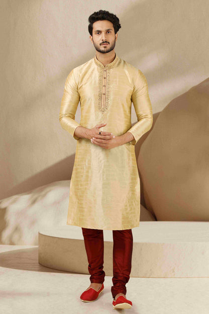 Raivat Ethnic Banarasi Art Silk Mirror Work Kurta Pajama In Beige Gold Colour