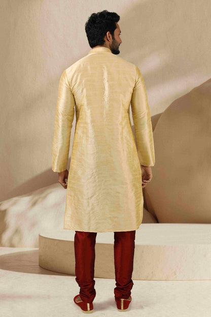 Raivat Ethnic Banarasi Art Silk Mirror Work Kurta Pajama In Beige Gold Colour