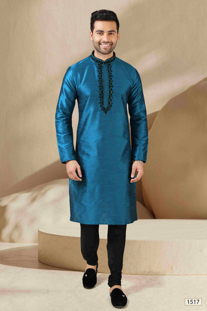 Raivat Ethnic Banarasi Art Silk Mirror Work Kurta Pajama In Teal Colour