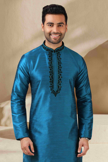 Raivat Ethnic Banarasi Art Silk Mirror Work Kurta Pajama In Teal Colour