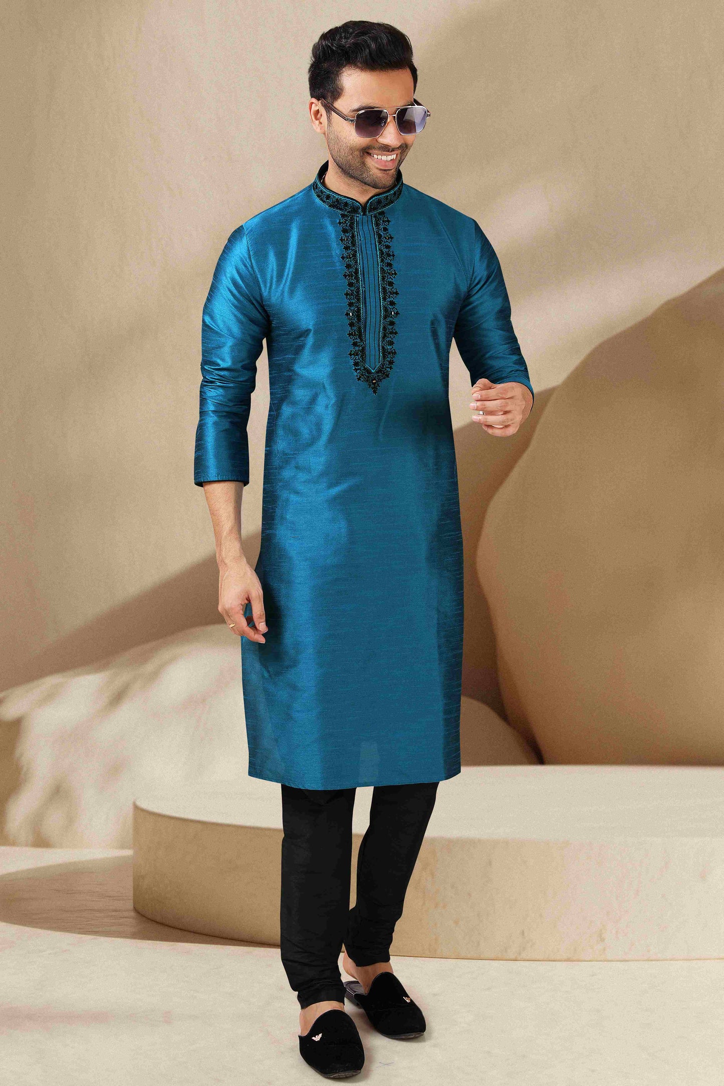 Raivat Ethnic Banarasi Art Silk Mirror Work Kurta Pajama In Teal Colour
