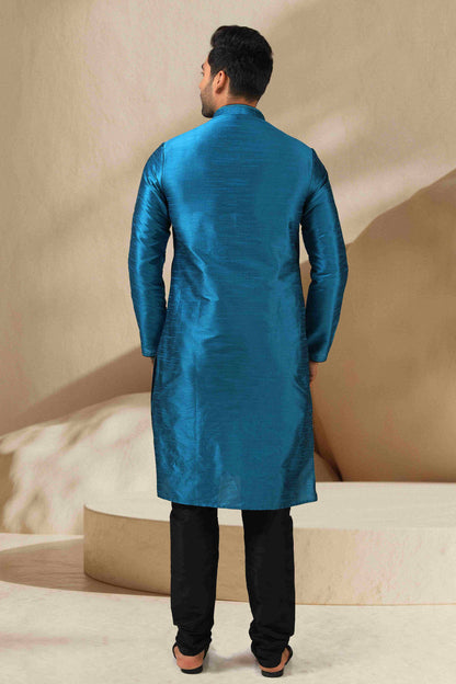 Raivat Ethnic Banarasi Art Silk Mirror Work Kurta Pajama In Teal Colour