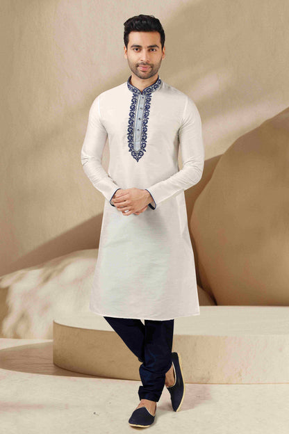 Raivat Ethnic Banarasi Art Silk Thread Work Kurta Pajama In Off White Colour
