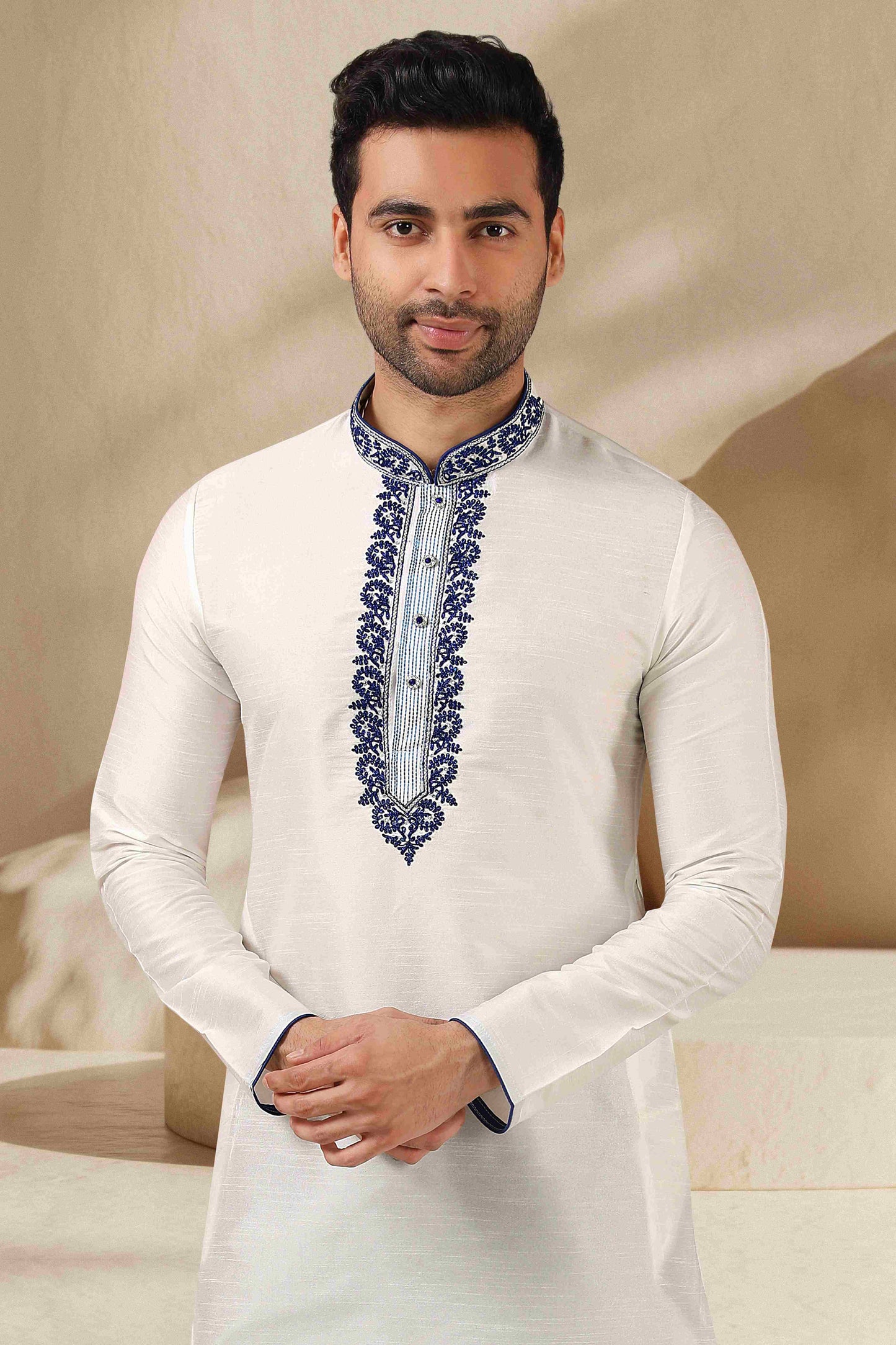 Raivat Ethnic Banarasi Art Silk Thread Work Kurta Pajama In Off White Colour