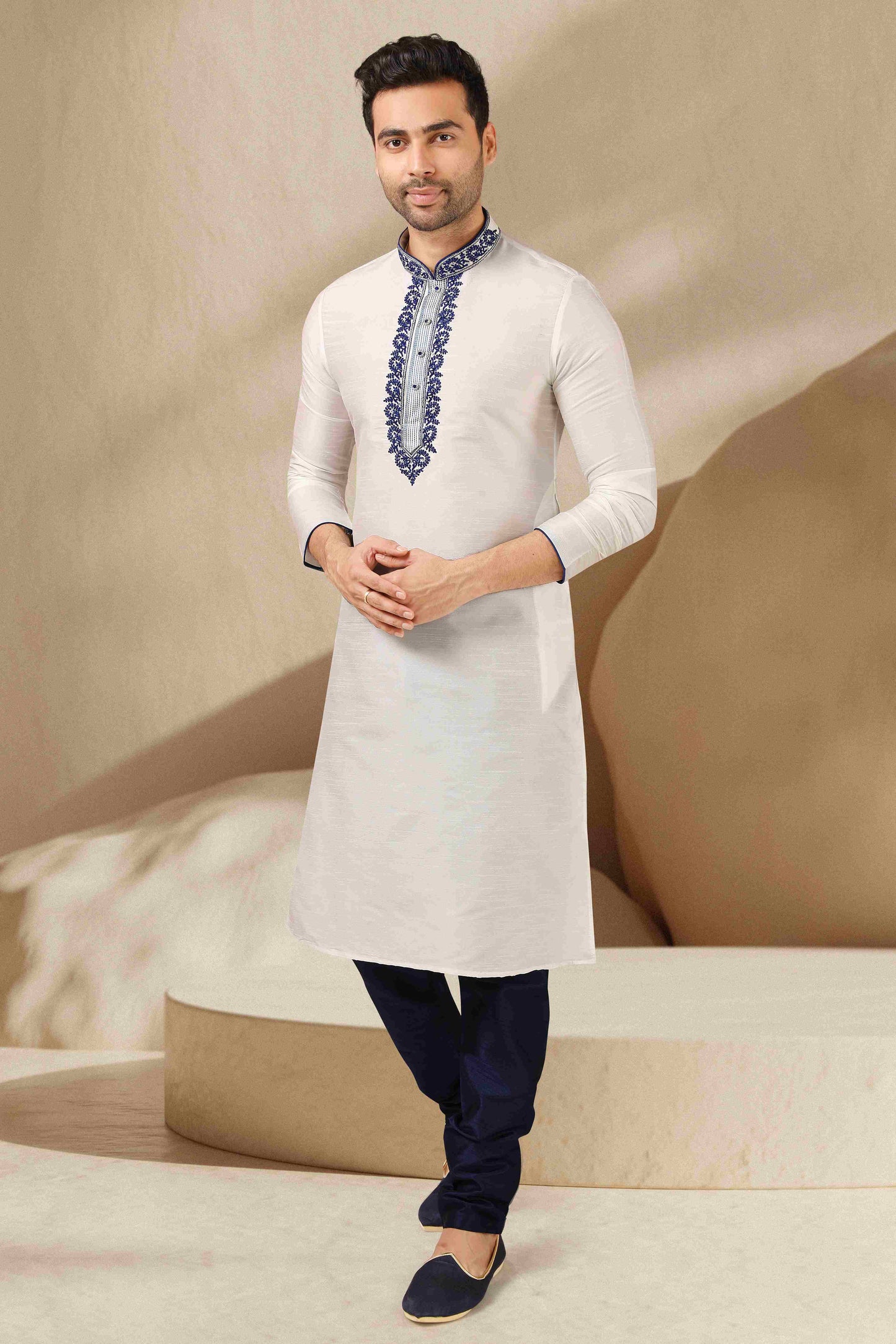Raivat Ethnic Banarasi Art Silk Thread Work Kurta Pajama In Off White Colour